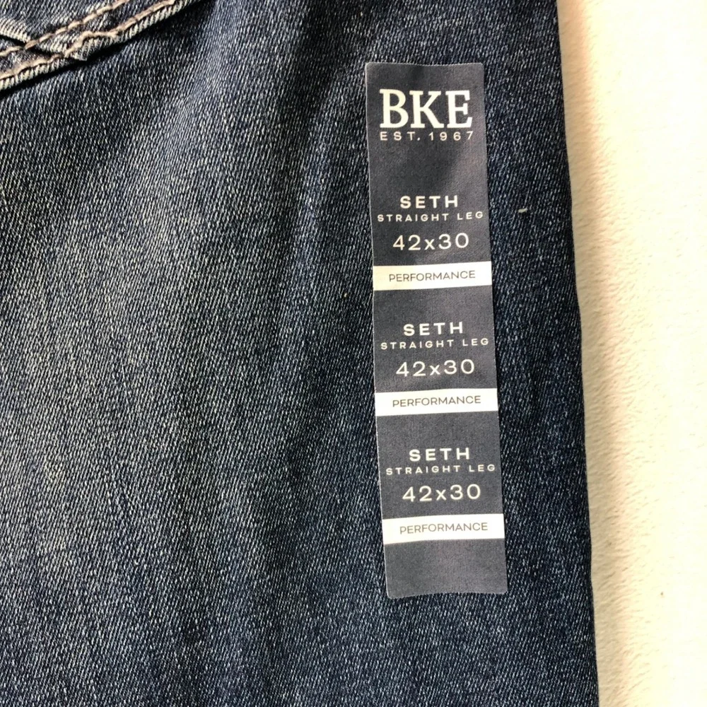 NEW BKE Seth Jeans Mens 42x30 Blue Straight Cone Denim Whiskering Stretch Preppy